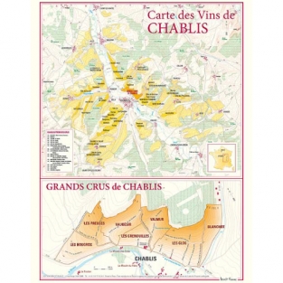 Kaart wijnen van de Chablis en grand cru wijnen van de Chablis 30x40